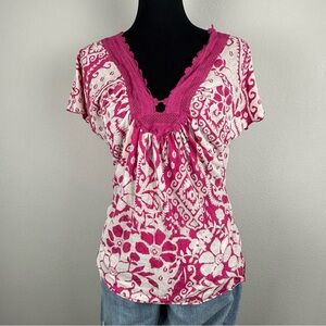 Vintage Y2K Pink Boho Semi Sheer Crochet Trim Top Womens Medium Made in USA